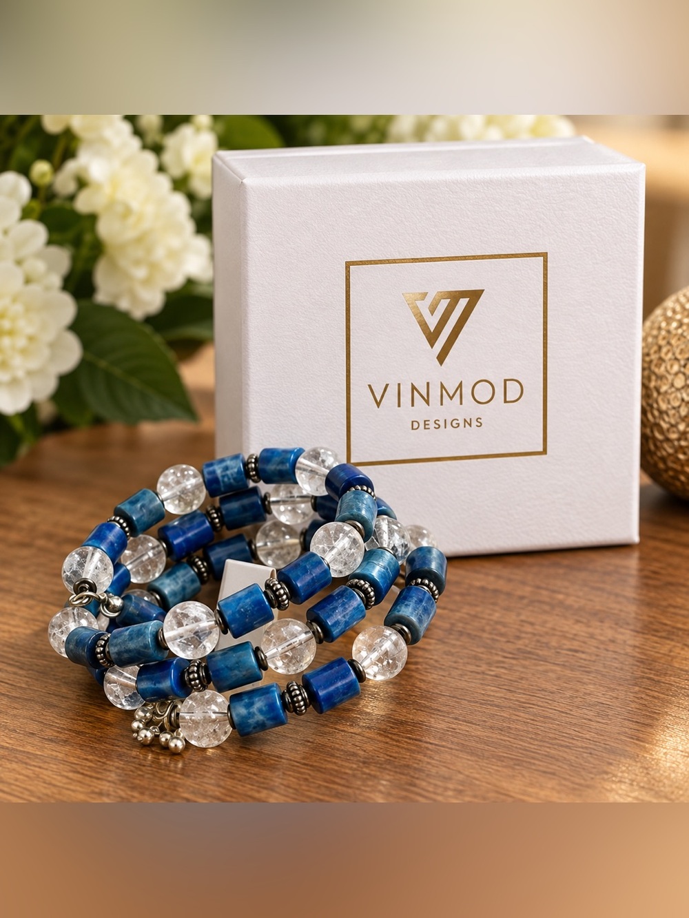 Vintage Blue & White Beads Upcycled - VINMOD Designs Wire Wrap Bracelet - SMALL